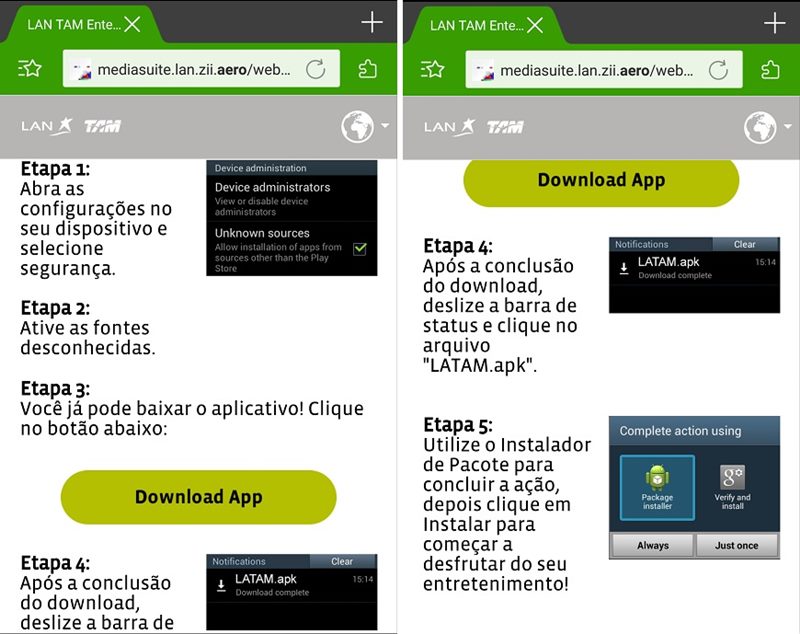 Instruções para instalar o aplicativo da TAM