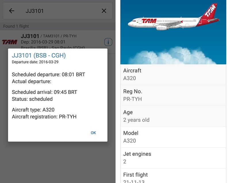 A320 da TAM (fonte: Flightradar24)