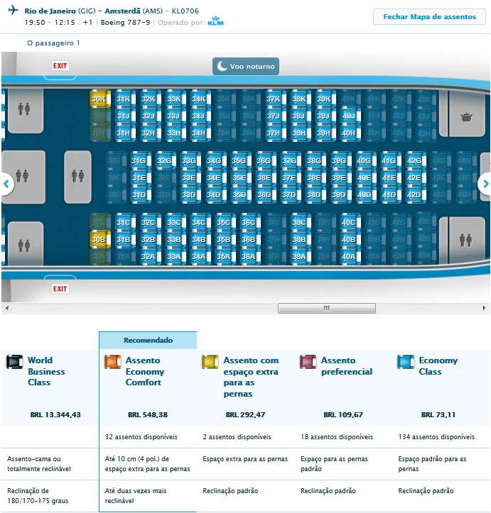 Assentos do Boeing 787-9 da KLM