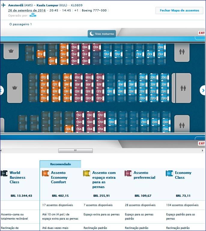 Classes Economy Comfort e Econômica do Boeing 777 da KLM