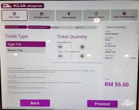 KLIA Ekspres: escolhendo a quantidade de passagens