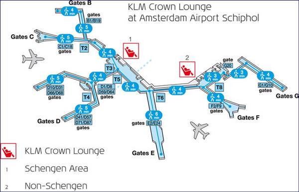 Locais das Salas VIP KLM Crown em Schiphol (fonte: klm.com)