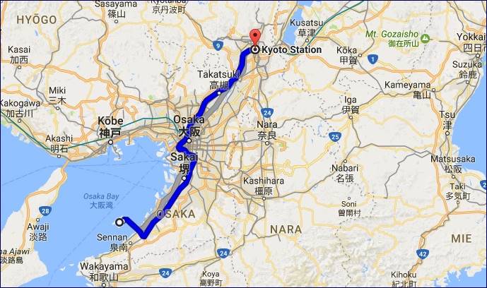 Rota entre Kansai e Kyoto (GoogleMaps)