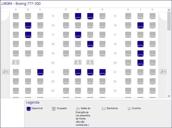 Mapa de assento da classe econômica - Boeing 777 da Latam (fonte: latam.com)