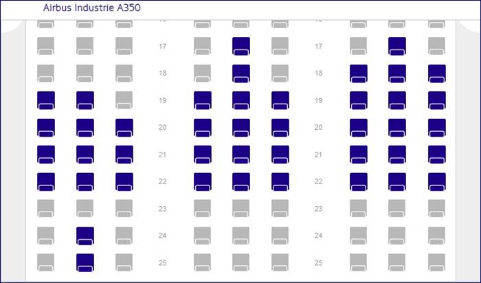 Mapa de assentos Classe Econômica do A350 da Latam