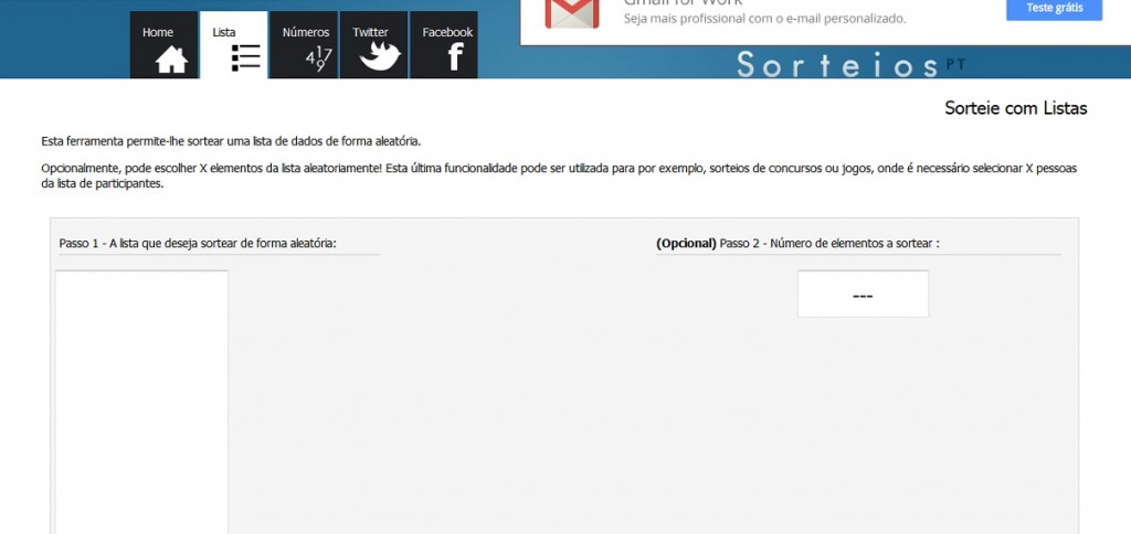 Site na opção de sorteio por lista