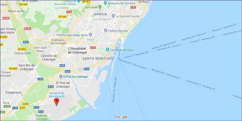 Localização do aeroporto El Prat (fonte: Google Maps). Como ir de trem do Aeroporto de Barcelona para a cidade