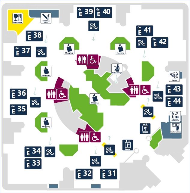 Mapa da área de embarque E31-44 do Terminal 3 do Aeroporto Fiumicino (fonte: www.adr.it)