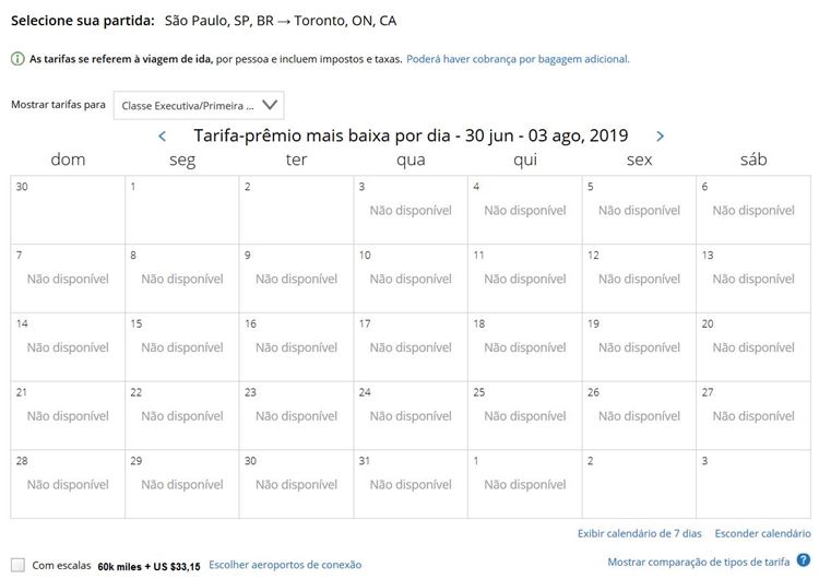 Disponibilidade passagens GRU-YYZ (Air Canada, Classe Executiva) - Fonte: united.com