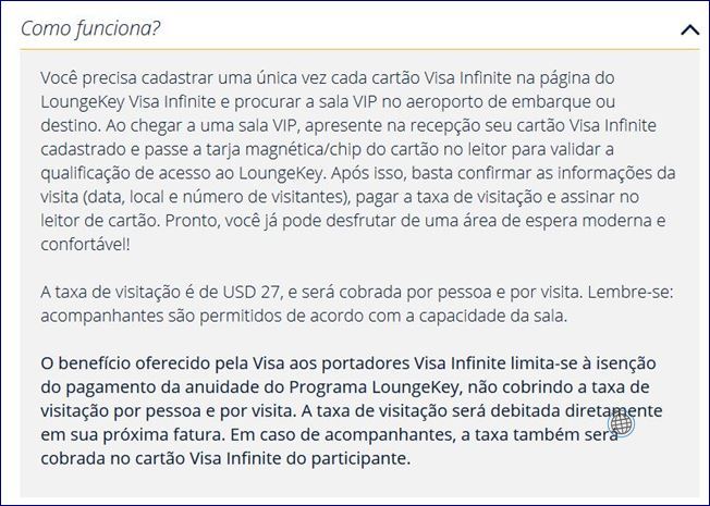 Regras do programa Visa Infinite LoungeKey (fonte: visa-infinite.com/br/lounge-key). Blog Viajar o Mundo