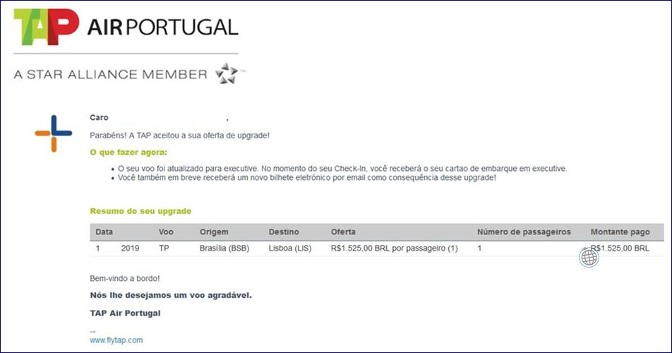 E-mail de confirmação do upgrade da TAP. Blog Viajar o Mundo.